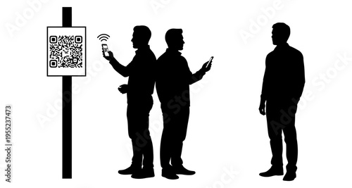 People Scanning QR Code on Pole with Smartphones Social Distancing Concept