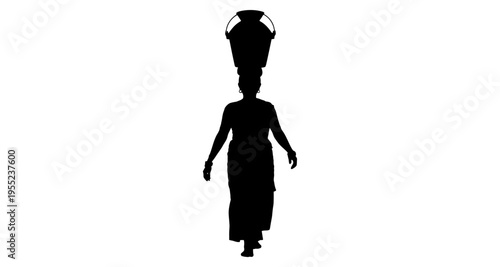 Woman Silhouette Carrying Water Pot on Head Walking