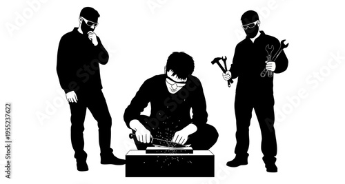 Workers with Tools One Grinding Metal with Sparks Stock Illustration