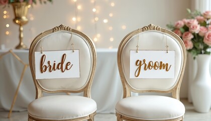 Elegant chairs for bride and groom at wedding reception. Signs hang on ornate seats. Soft light and floral decor create romantic mood. Festivity begins.