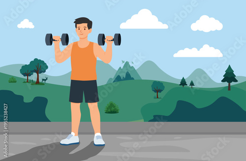 Healthy lifestyle concept, Young man exercising with dumbbells in park, vector illustration.