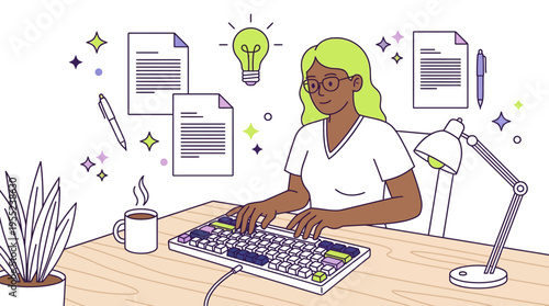 Focused Creative Woman Generating Digital Content Illustrating Productivity and Idea Flow