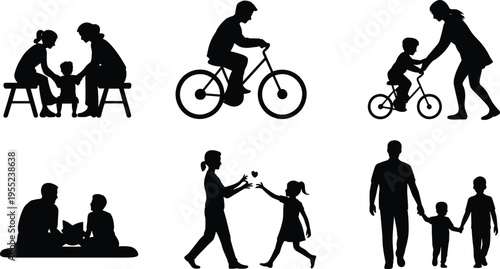 Family silhouettes showing parenting, love, reading, cycling, teaching, and togetherness activities, perfect vector illustration for lifestyle, relationship, and education themes.