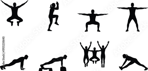 Fitness silhouettes showing exercise, stretching, jumping, planking, squatting, and training movements, perfect vector illustration for workout, health, and lifestyle themes.