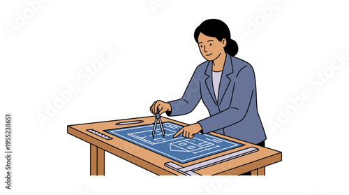 Dedicated woman architect meticulously creating detailed building designs on a blueprint with a compass