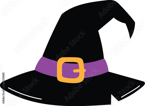 Hand Draw Black Halloween Witch Hat with Purple Belts, Fantasy Wizard Hat illustration
