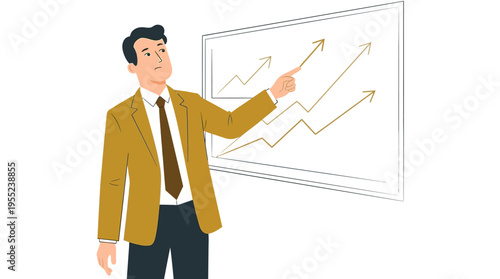 Business man pointing at upward trend on a whiteboard illustration