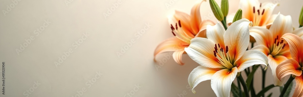 Fototapeta premium White and orange lilies bloom close up. Gentle light shines on delicate petals and buds against neutral backdrop. Elegant floral arrangement for elegant occasions or sympathy.
