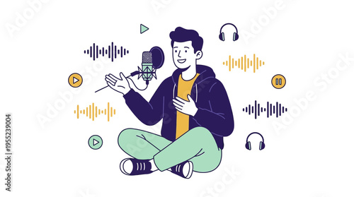 Man recording audio with microphone and sound waves