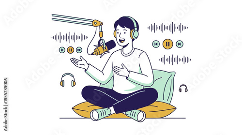 Content creator broadcasting an audio podcast, engaging listeners with compelling stories