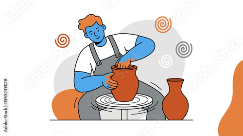 Potter creating ceramic vase on a pottery wheel with clay