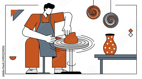 Pottery making process illustration with craftsman and clay art