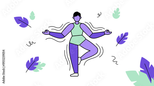 Woman practicing yoga in a serene and balanced pose surrounded by nature