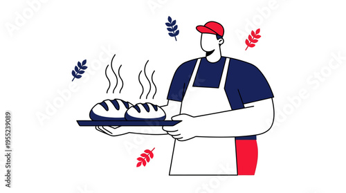 Baker Presenting Freshly Baked Breads on a Tray with Wheat Stalks