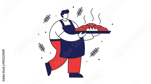 Stylized illustration of a baker holding a tray of freshly baked, steaming bread