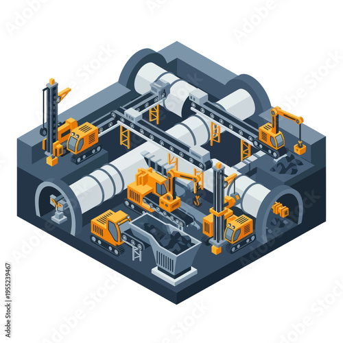 Isometric View of Automated Tunnel Construction Site with Machinery.