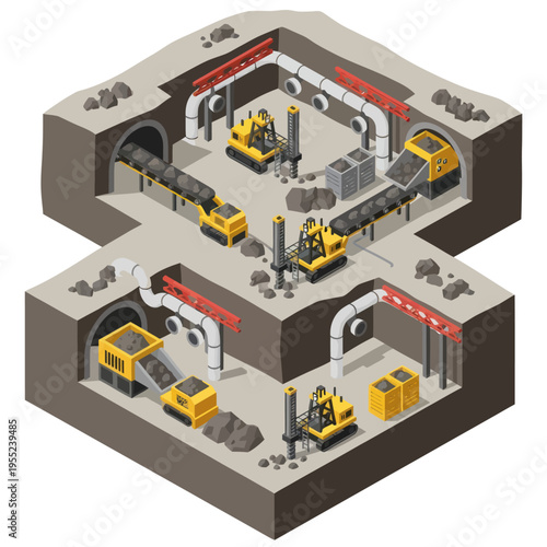 Isometric Mining Operation - Underground Extraction and Processing Illustration.