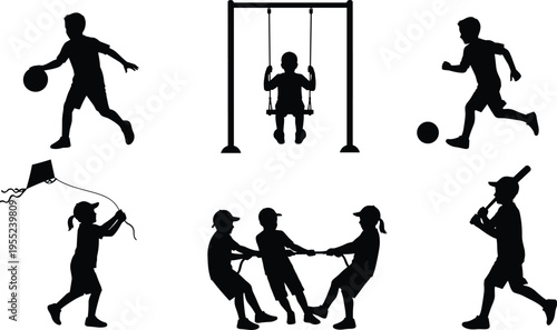 Silhouette children playing outdoor sports and activities including basketball, soccer, baseball, kite flying, tug of war, swing fun