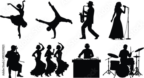 Silhouette collection of diverse performing artists including dancers, musicians, singers, DJs, and drummers representing global performing arts culture
