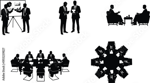 Silhouette collection of professional business meetings including presentations, interviews, teamwork, collaboration, and corporate discussions in modern office environments
