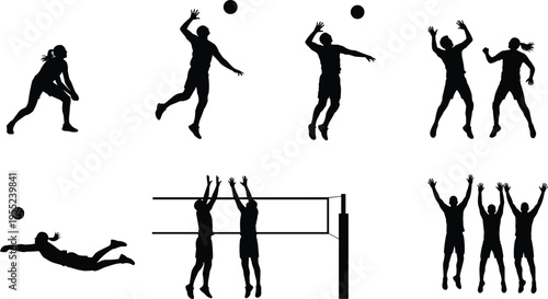 Silhouette volleyball players in action poses including spike, serve, dig, block, teamwork celebration, net play, dynamic sports activity illustration