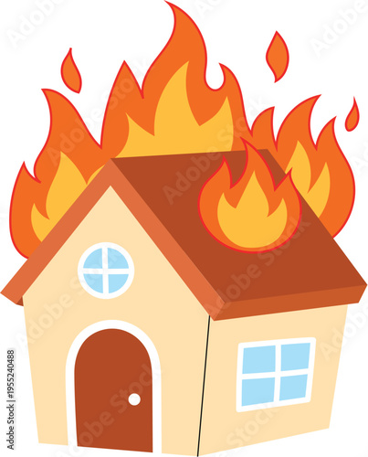 House on Fire with Intense Flames, Burning House Emergency Scene illustration