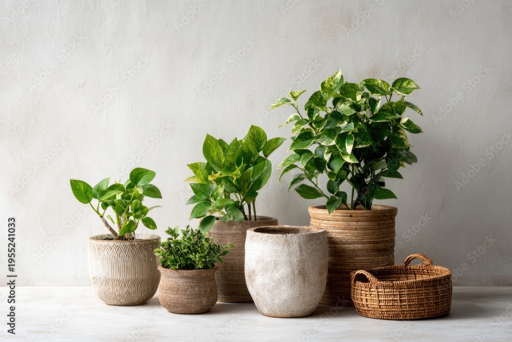 Fototapeta premium Green plants in various ceramic pots and woven basket, displayed indoors