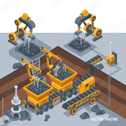 Isometric Mining Operation with Robots and Conveyor Belts.