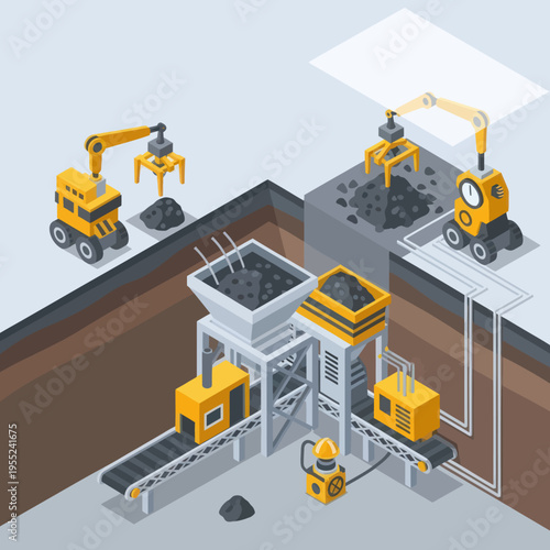 Isometric Coal Mining Operation with Automated Machinery.