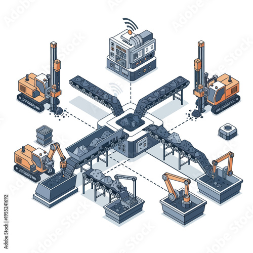 Isometric Mining Operation with Conveyor Belts and Heavy Machinery.