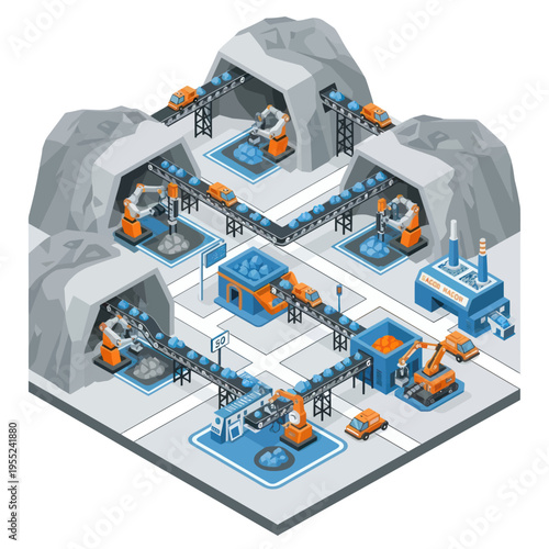 Isometric Mining and Manufacturing Process Illustration with Automated Machinery.