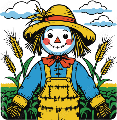 Colorful bold line art sticker of a scarecrow standing in a crop field, thick outline, white background 3