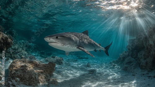 Majestic Tiger Shark Swimming Gracefully in Clear Ocean Waters Beneath Sunlight Rays