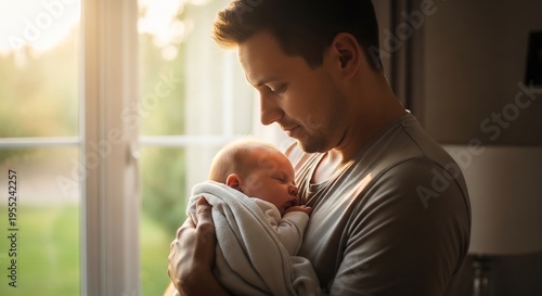 Father holding newborn baby tenderly in his arms near window with soft light.