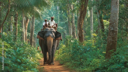 Majestic Elephant Walks Through Lush Green Forest with Riders on Its Back in Nature's Tranquil Beauty