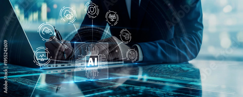 Close-up of user in modern office interacting with laptop and AI interface, showcasing intuitive digital systems, user experience design and interactive technology. Glowing AI icon.