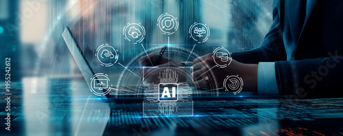 Cuadro en lienzo Businessman in a super modern office using laptop, where AI helps connect cloud computing, protection, teamwork and digital services, enabling secure collaboration and advanced business solutions