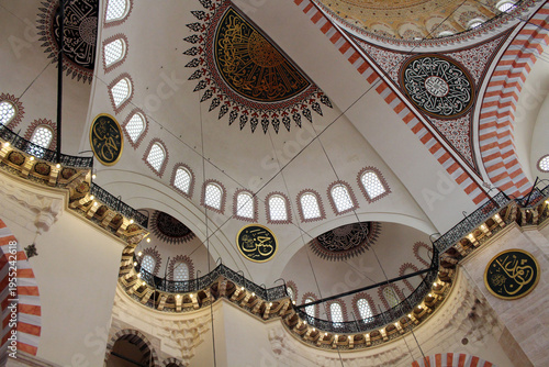 Ornate mosque interior dome details September Summer 2024 Historic sacred site with sunlight windows Istanbul