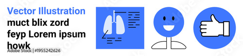 Healthcare reports, human emotions, approval feedback, medical diagnostics, wellness concepts, and communication tools. Blue icons of a lung report, smiling face and thumbs-up. Healthcare