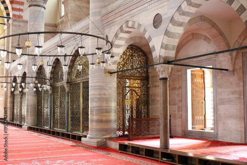 Suleymaniye Mosque interior chandelier light September Summer 2024 Stained glass windows and ottoman architecture Istanbul