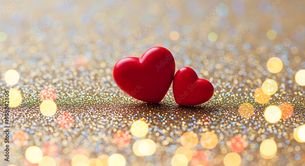 Fototapeta premium Two vibrant red hearts rest on a glittering gold surface on transparent background