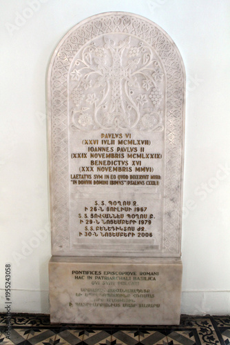 Surp Asdvadzadzin Church papal visit monument September Summer 2024 Marble plaque with historic inscriptions Istanbul