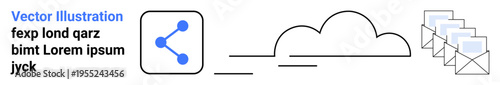 Data sharing, cloud storage, email communication, networking, digital connection, file exchange. Connection icon, cloud shape three emails. Data sharing and cloud storage concept