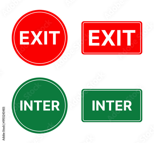 Exit and Enter signs set in red and green circle and rectangle shapes