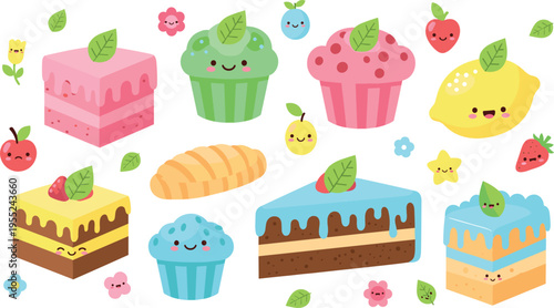 Cute bakery dessert set with cakes cupcakes bread and fruits kawaii style colorful sweet food vector illustration collection