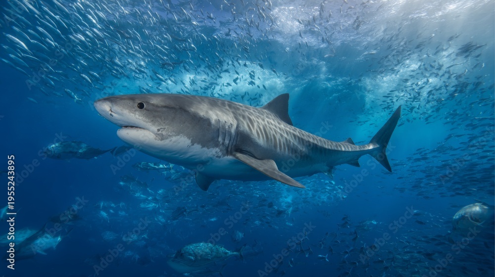 Fototapeta premium Majestic tiger shark swimming peacefully among a school of fish in clear ocean waters
