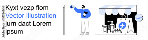 E-commerce, online shopping, healthcare accessibility, pharmacy services, medical supply, digital innovation. Man holding medicine near pharmacy shop with products and a 247 sign. E-commerce