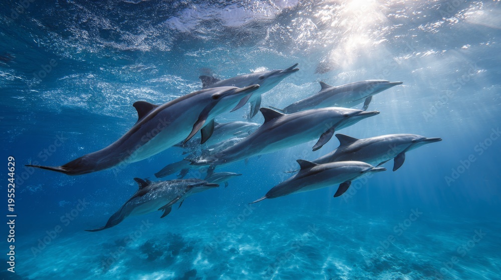 Obraz premium Graceful Dolphins Swimming Together in Clear Blue Ocean Water Under Bright Sunlight and Gentle Waves