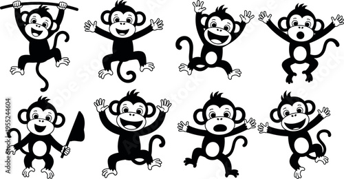 Cute cartoon monkey characters set funny jumping waving and playful primate mascots black vector illustration collection
