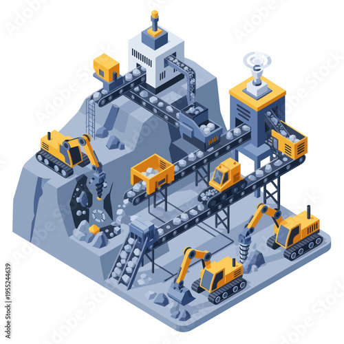 Isometric Mining Operation - Extracting Resources with Heavy Machinery.